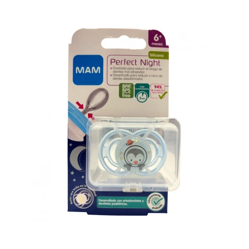 CHUPETE SILICONA FISIOLOGICOMAM PERFECT NIGHT+ 6 MESES 1 UNIDAD COLOR AZUL