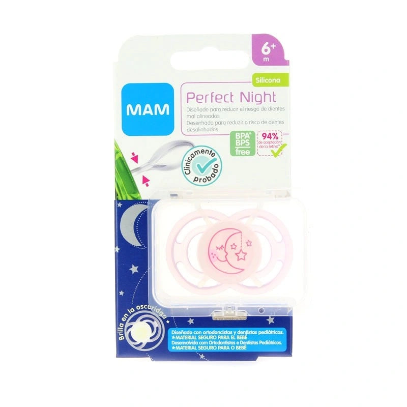 CHUPETE SILICONA FISIOLOGICOMAM PERFECT NIGHT+ 6 MESES 1 UNIDAD COLOR ROSA